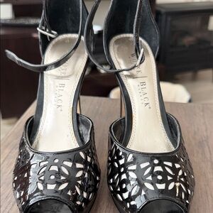 White House Black Market Glossy Black Floral Heels